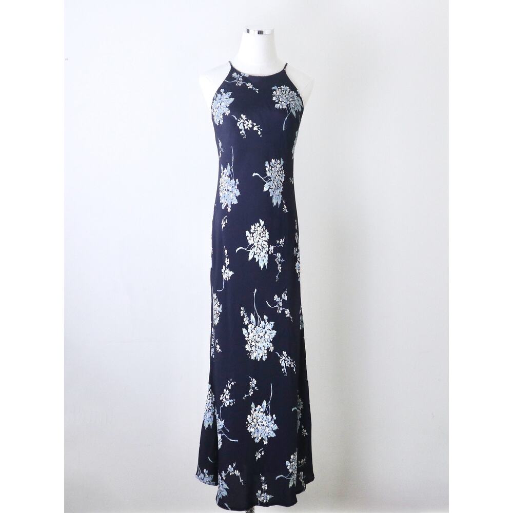 Vintage 1990s Size 4 Rayon Slinky Maxi Dress Navy Blue Floral Print - Picture 2 of 10